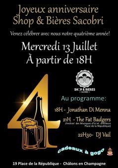 Affiche de l'évènement Anniversaire Shop & Bières Sacobri à Châlons-en-Champagne