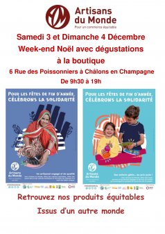Affiche de l'évènement Week-End Noël équitable 3 et 4 Décembre à la Boutique ARTISANS DU MONDE à Châlons-en-Champagne