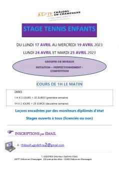 Affiche de l'évènement Stages de tennis Pâques 2023 à Châlons-en-Champagne