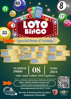 Affiche de l'évènement LOTO#1 "Spécial Bons d'Achats" du Vendredi 08 Mars 2024 à Fagnières